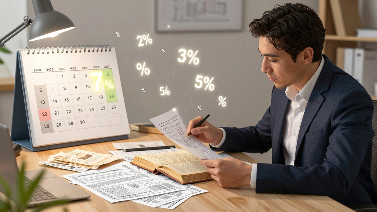 Steuerberater analysiert Abschreibungsunterlagen mit schwebenden Prozentsätzen und einem Grundriss einer Wohnung.