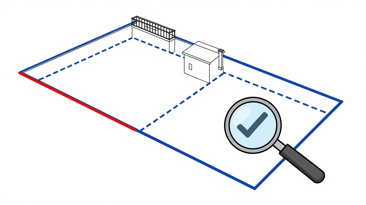 Technische Skizze eines Grundstücks mit roter Baulinie vorne und blauen Baugrenzen an den Seiten und hinten.