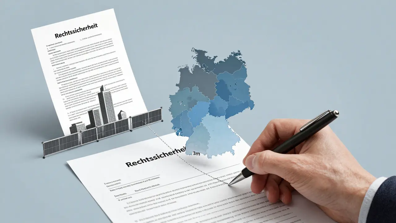 Unterschriebene Zustimmung mit schwebenden Rechtsformeln und einer Karte Deutschlands, die regionale Bauvorschriften farblich zeigt.