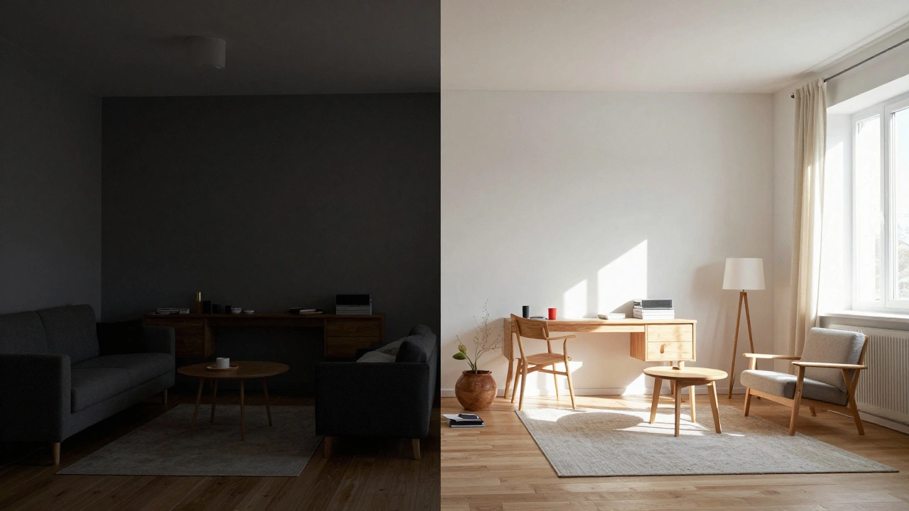 Vergleich zweier Räume: links dunkel und überladen, rechts hell, klar und beruhigend gestaltet im skandinavischen Stil.