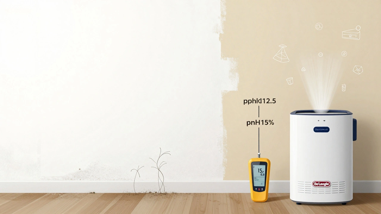 Vergleich zweier Wände: eine mit zurückkehrendem Schimmel, eine mit korrekt behandelter Kalkfarbe und Entfeuchter.