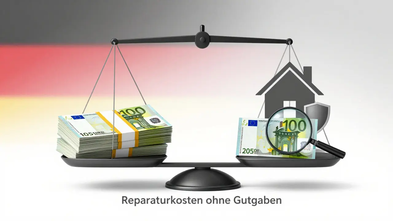 Vergleich zwischen hohen Reparaturkosten und geringen Gutachterkosten als symbolische Waage mit Haus und Thermografie.