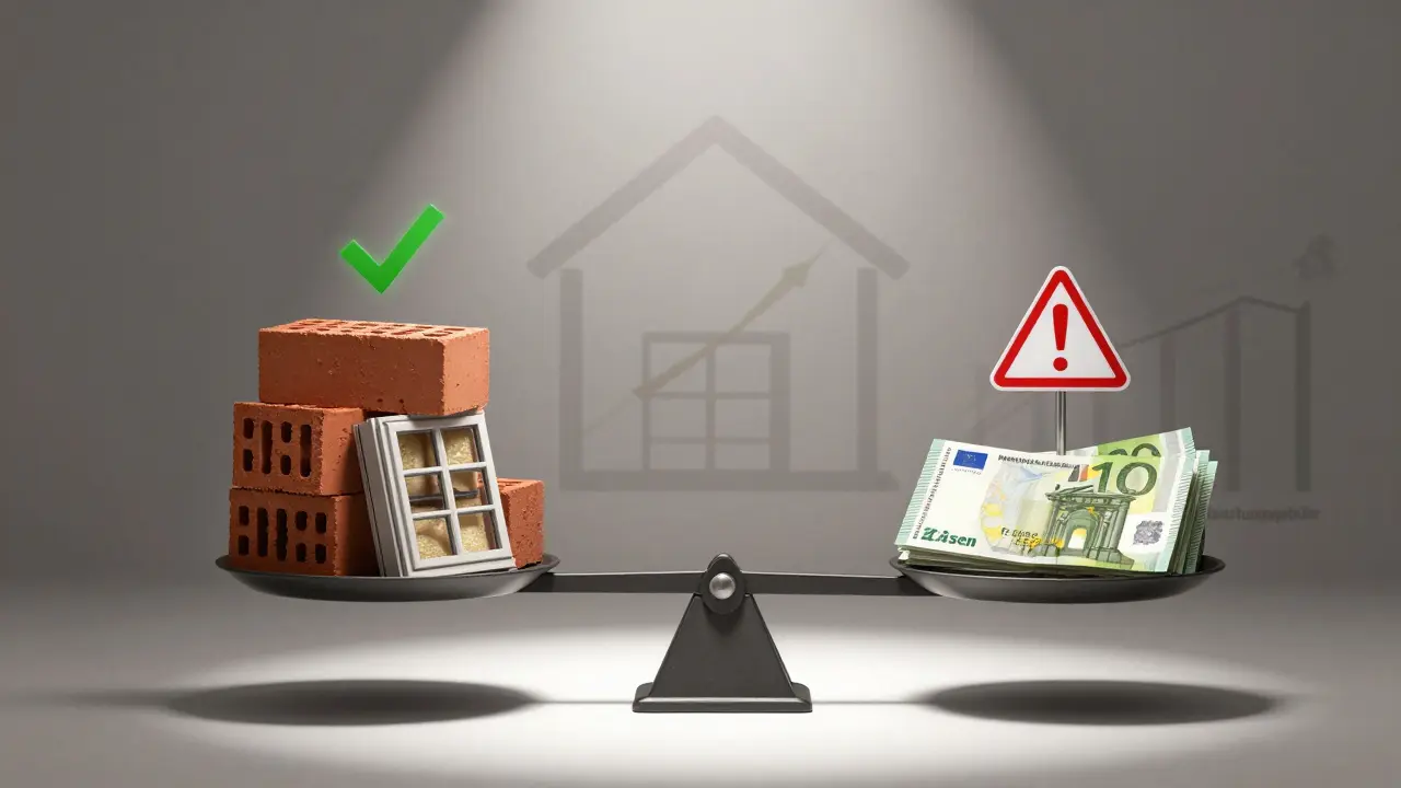 Waage mit Renovierungskosten gegenüber Finanzkosten und Warnzeichen