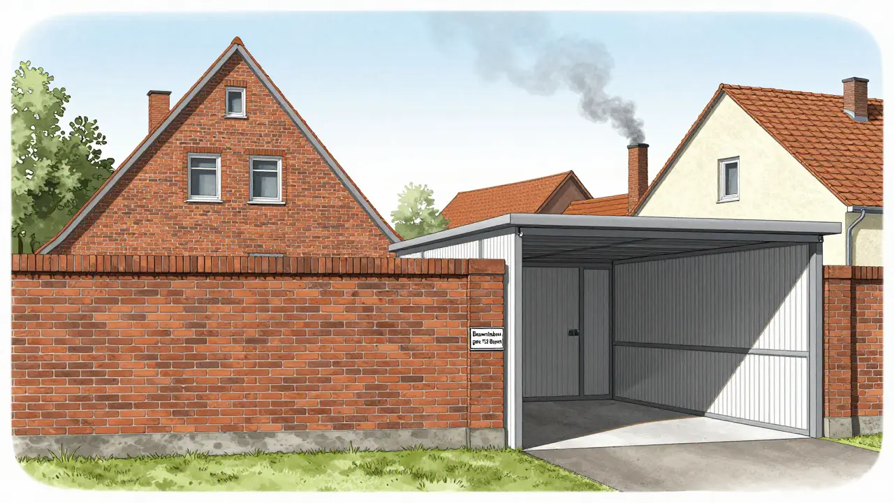 Zwei Nachbargrundstücke mit unterschiedlichen Grenzbauten: eine feuersichere Mauer und ein Carport genau im vorgeschriebenen Abstand.