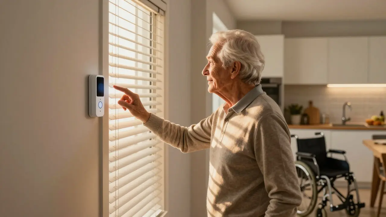 Älterer Mensch in einem smarten, barrierefreien Zuhause, das automatisch auf seine Bewegungen reagiert.