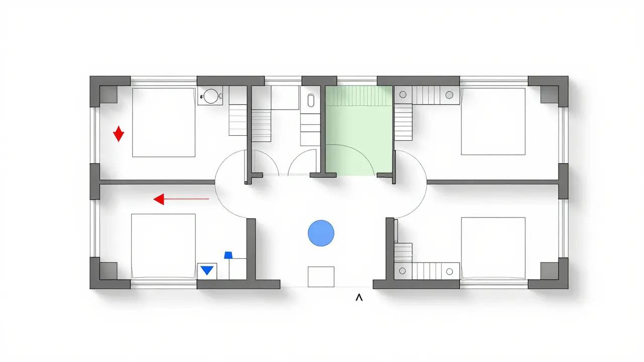 Architektonischer Grundriss mit markierten barrierefreien Umbaumaßnahmen wie Rampe und Aufzug.