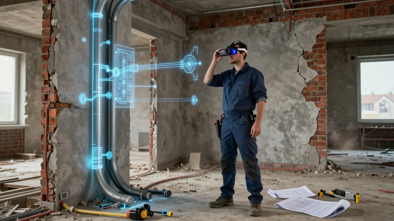 Bauer mit HoloLens 3 sieht holographische Rohre projiziert auf alte Mauerwerk, digitale Daten schweben im Raum.