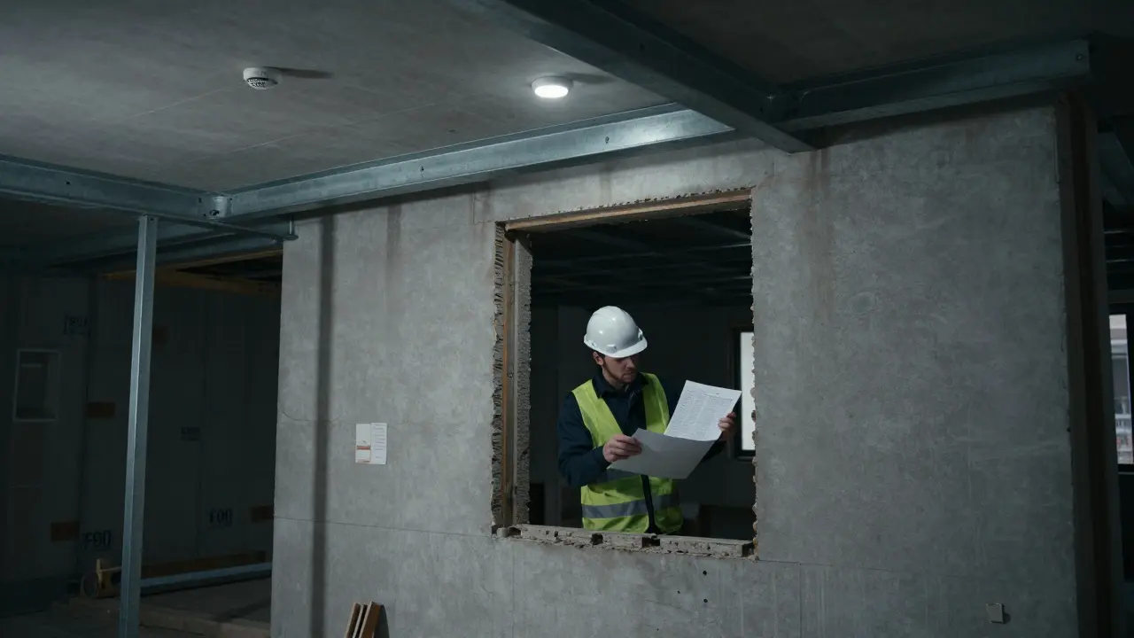 Bauingenieur prüft statische Träger in einer renovierten Mehrfamilienwohnung mit brandschutzkonformer Wand.