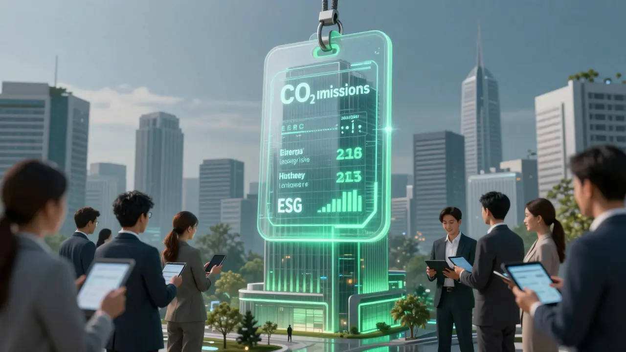 Digitale ID eines Gebäudes mit Echtzeit-ESG-Daten, die von Investoren mit Tablets überprüft werden.