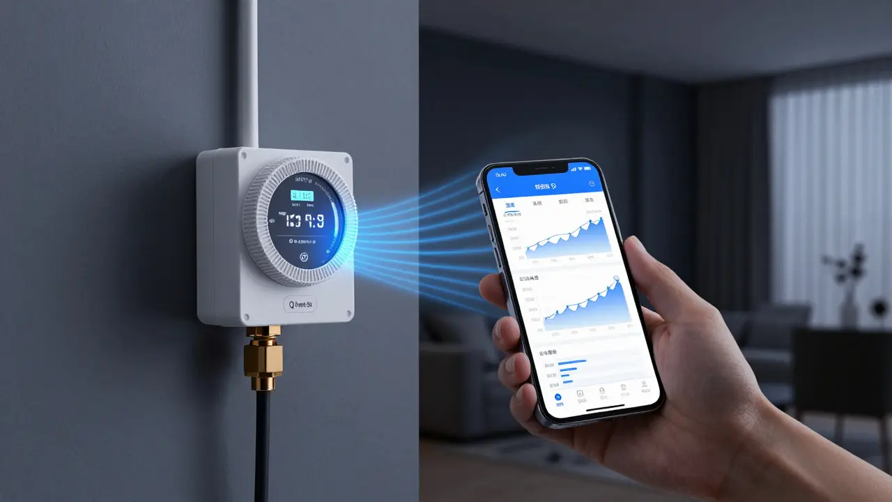 Digitaler Wärmemengenzähler sendet Verbrauchsdaten per Funk an eine Smartphone-App.