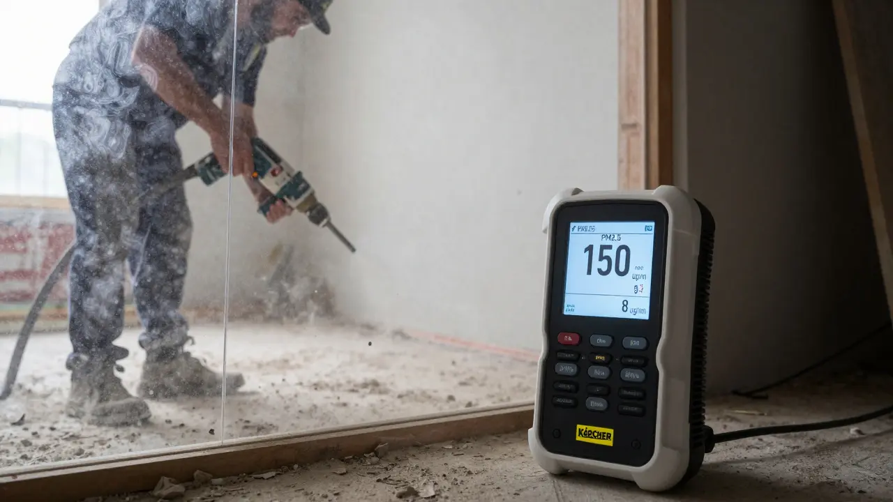 Echter Luftreiniger mit Anzeige, die die Luftqualität von hochverschmutzt auf sicher senkt, während Staub im abgetrennten Raum gefangen bleibt.