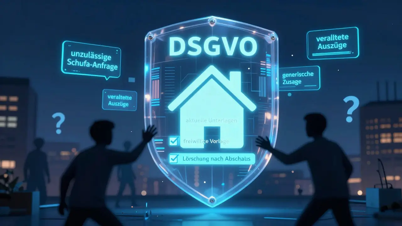 Ein DSGVO-Schild schützt ein Haus vor illegalen Datenanfragen, während sich sichere Verfahren durch Licht auszeichnen.
