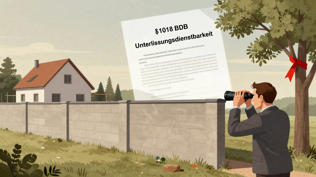 Ein Haus mit einer hohen Mauer, während ein Nachbar durch ein Fernglas darauf blickt, symbolisierend eine Bauverbot-Dienstbarkeit.