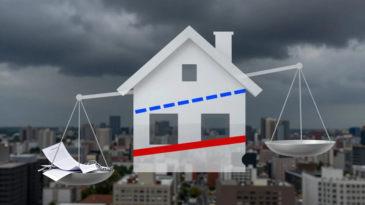 Ein Haus mit mehreren durchscheinenden Belastungen – Leitungen, Wege und Höhenbeschränkungen –, die den Wert der Immobilie drücken.