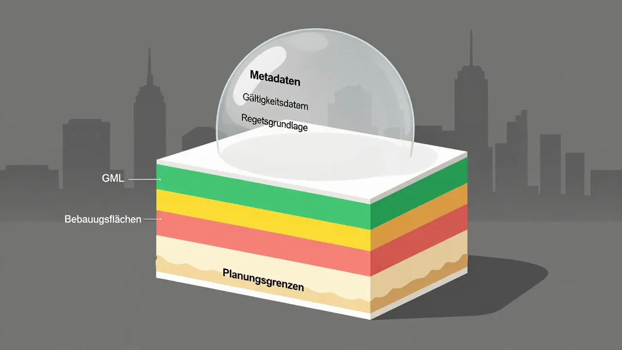 Ein Kuchen mit Schichten, die die Struktur eines digitalen Bebauungsplans darstellt, inklusive Metadaten als durchscheinende Kuppel.