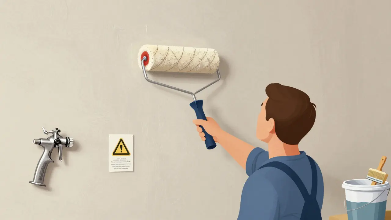 Ein Maler verwendet eine Rolle mit 18 mm Bezugsstoff auf einer rauen Wand, Farbe gleichmäßig verteilt.