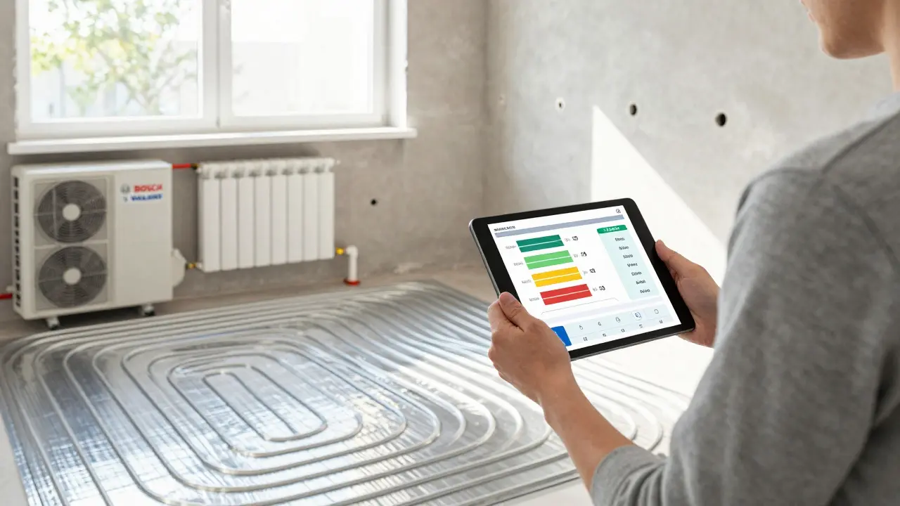 Hausbesitzer mit Tablet, das Energieeinsparungen zeigt, neben einer modernen Fußbodenheizung und Wärmepumpe in renovierter Wohnung.