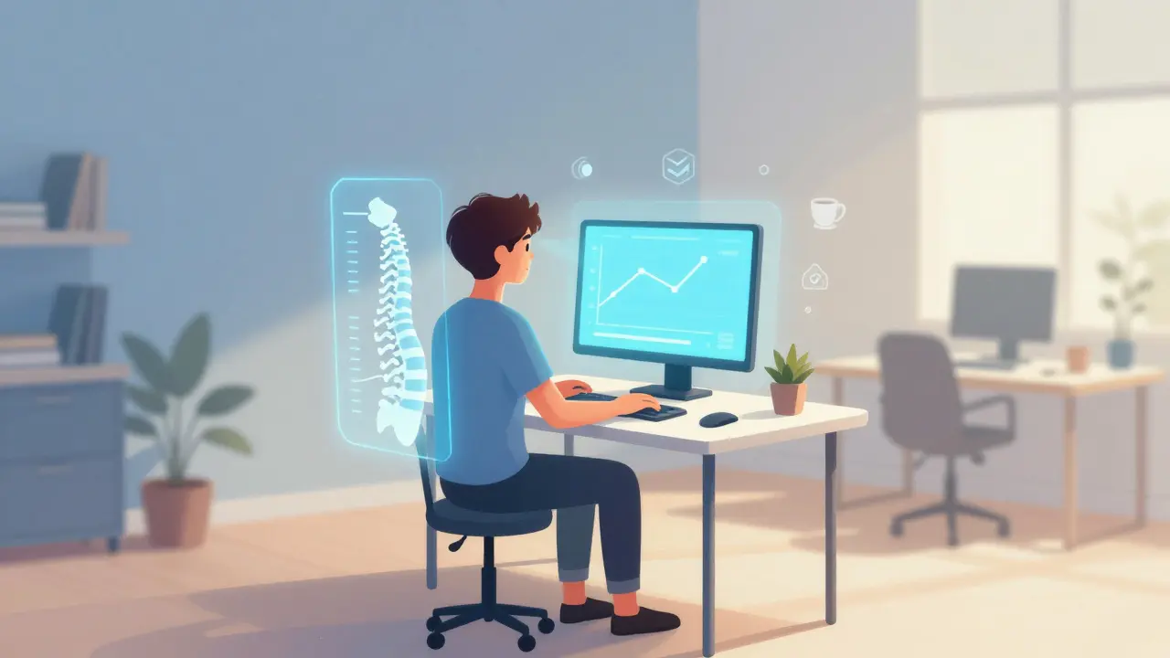 Konzeptbild: Mensch am Schreibtisch mit digitaler Ergonomie-Überlagerung, symbolisch für gesundes Arbeiten und persönliche Transformation.