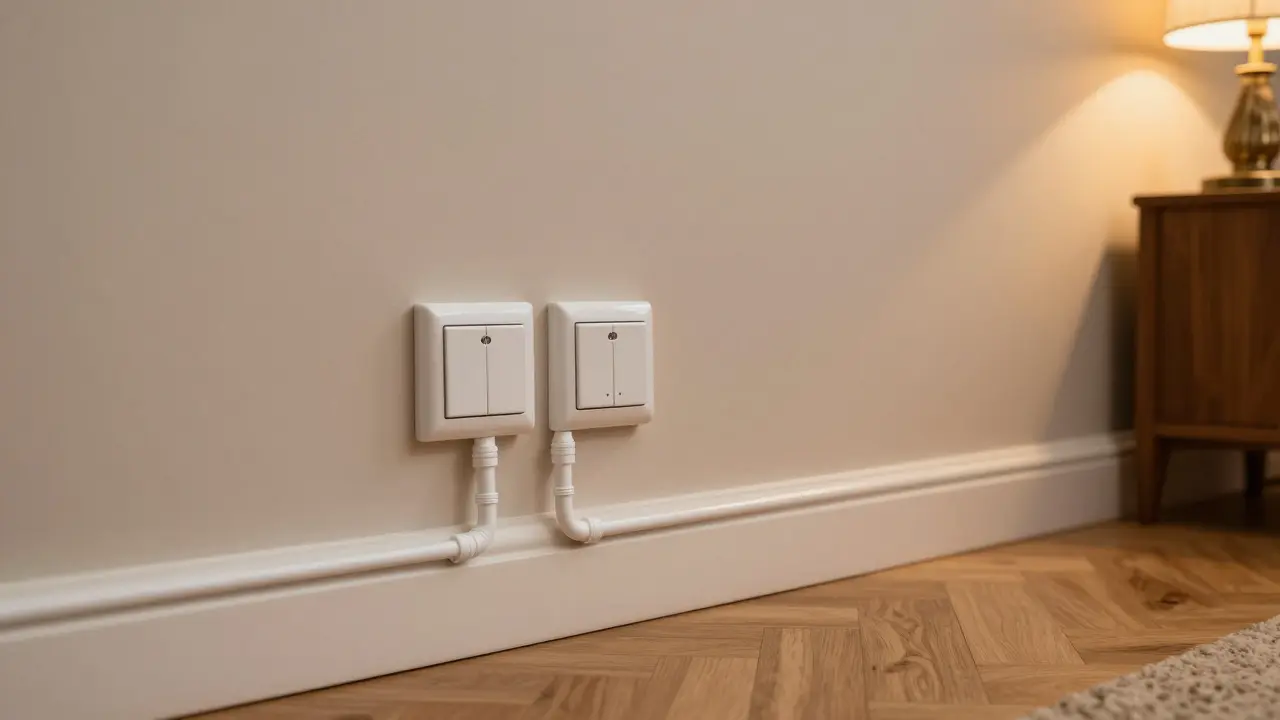 Moderner Kabelkanal an der Wand in einem Altbau mit warmem Licht und Holzböden.