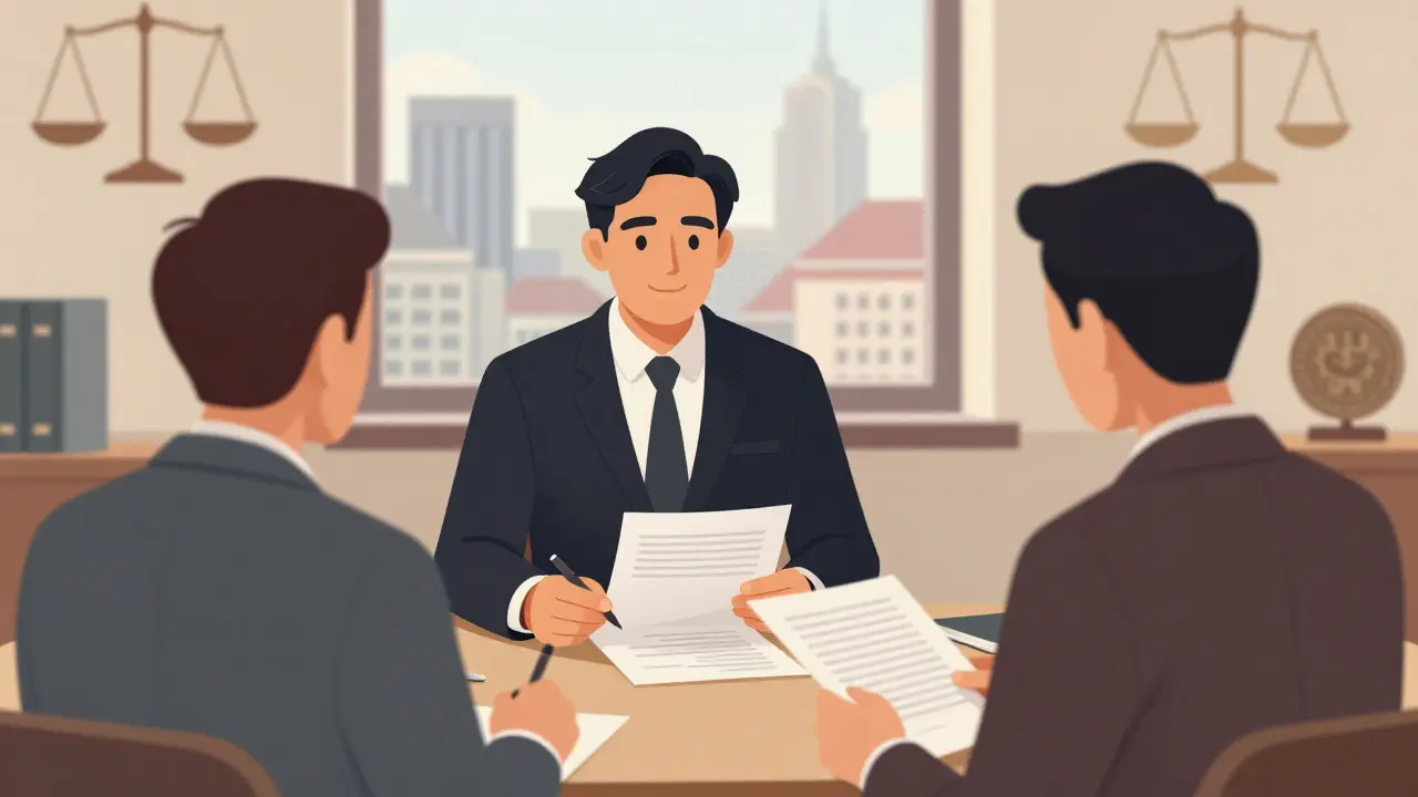 Notar berät zwei Kunden in einem formellen Büro bei der Immobilienübergabe.