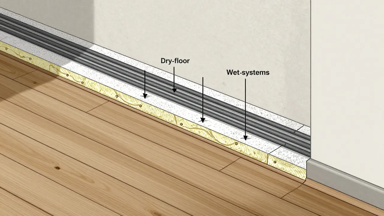 Querschnitt einer Trocken-Fußbodenheizung in einem Altbau mit dünnen Heizrohren, Dämmung und bestehendem Holzboden, minimaler Aufbauhöhe.
