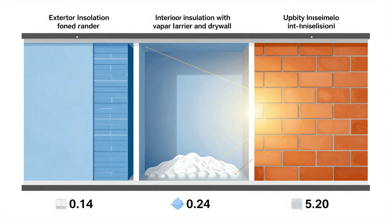 Querschnitt einer Wand mit drei Dämmmethoden: Außen-, Innendämmung und Kerndämmung, mit U-Werten und Wärmeverteilung.