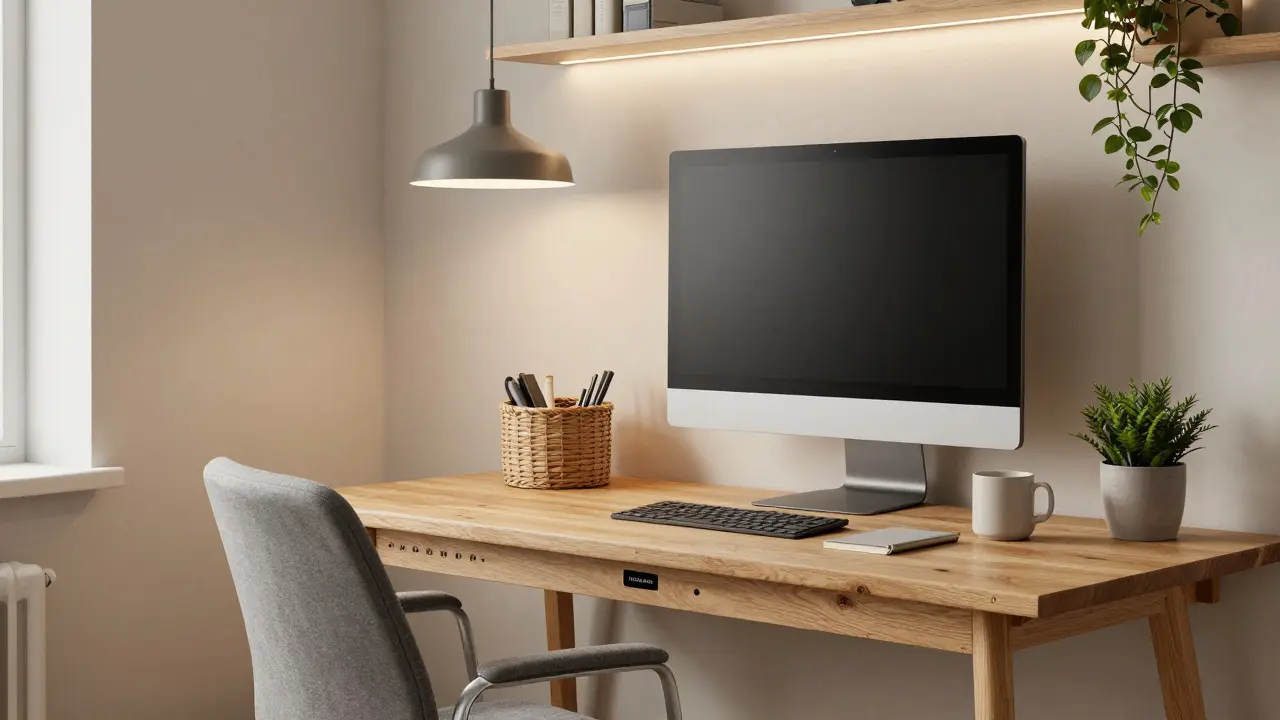 Scandinavian Homeoffice mit Vintage-Eichentisch, modernem Stuhl, Pflanzen und warmen Lichtern in Beige- und Grautönen.