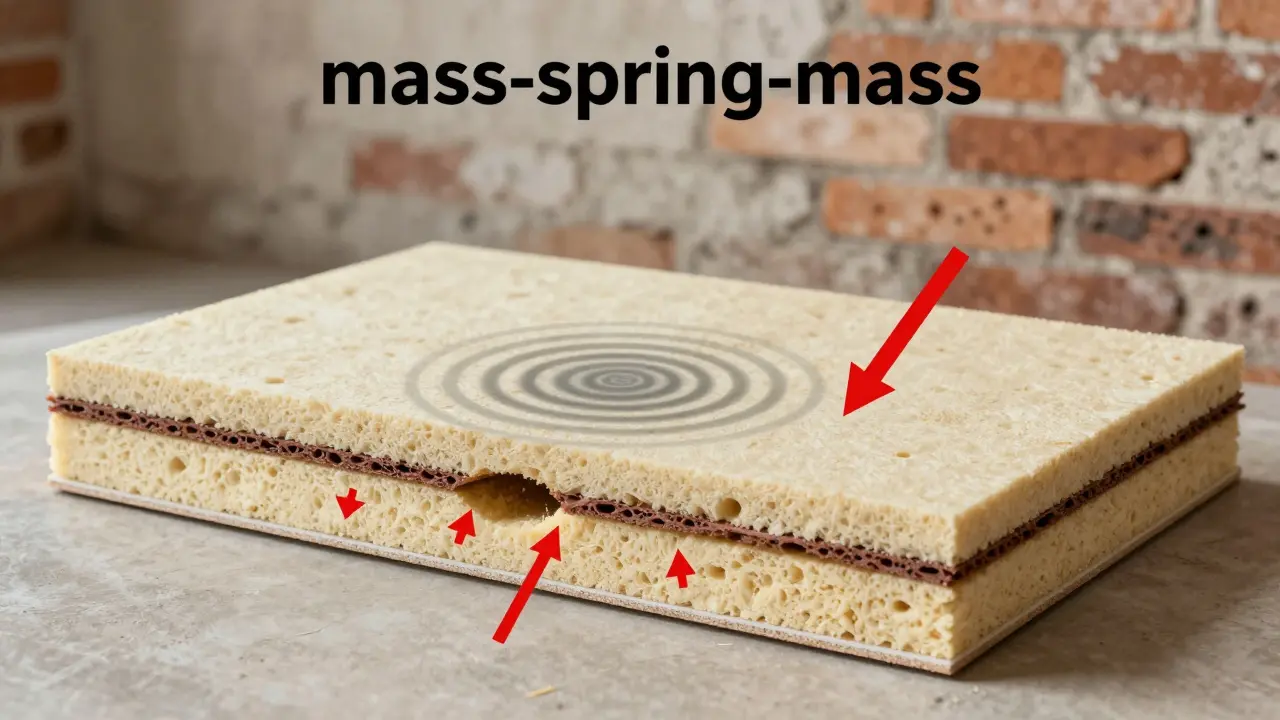 Schematische Darstellung des Feder-Masse-Prinzips: zwei Platten mit Dämmung dazwischen, die Schallwellen absorbieren.