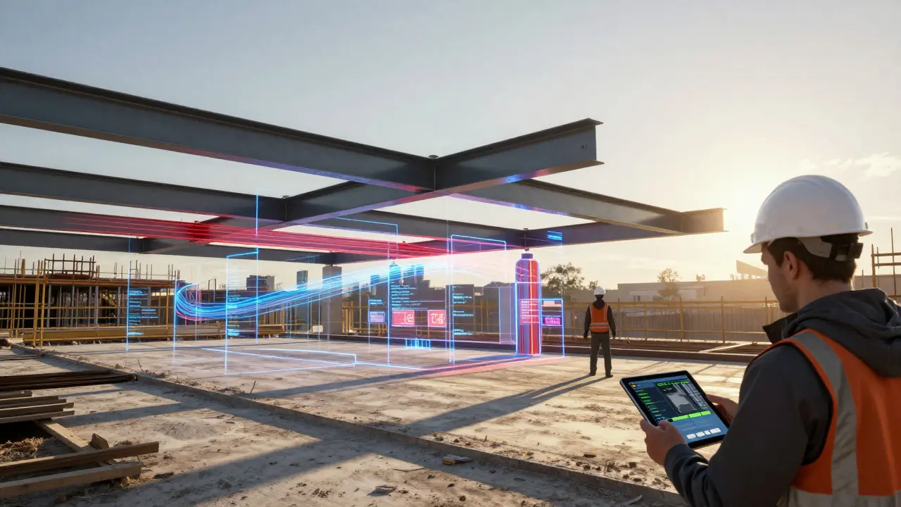 Transparente 4D-BIM-Überlagerung zeigt Kollisionen zwischen Trägern und Lüftungskanälen über einer Baustelle.