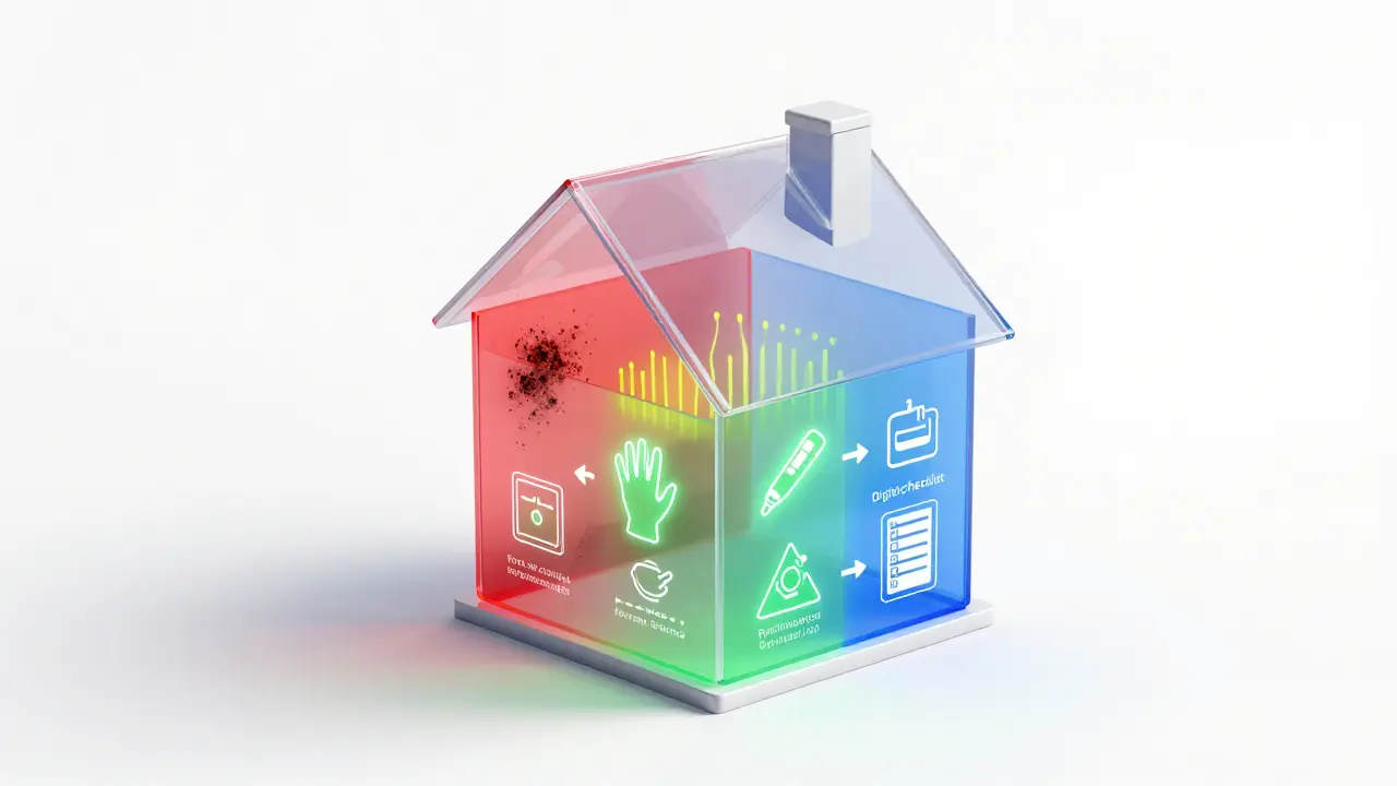 Transparenz-Darstellung eines Hauses mit verborgenen Risiken und digitalen Sicherheitsmaßnahmen als überlagerte Icons.