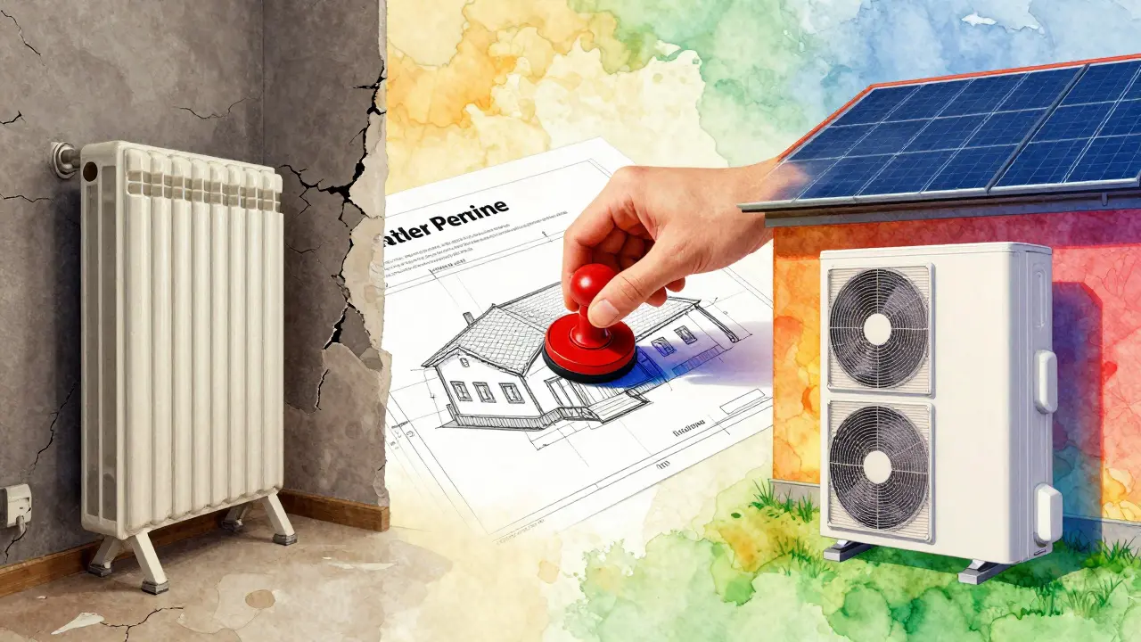 Vergleich der alten Ölheizung mit moderner Wärmepumpe und thermischer Bildanalyse bei einer Sanierung.