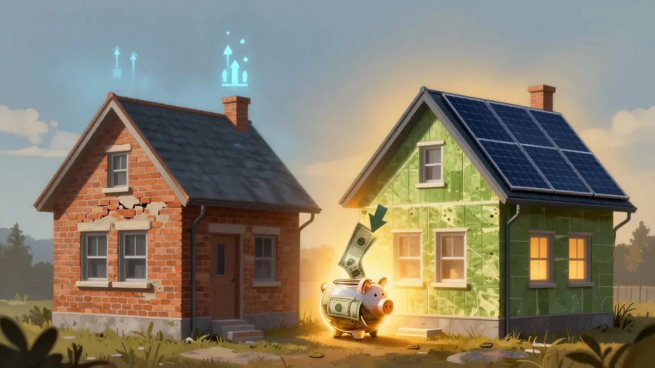 Vergleich eines alten und eines gedämmten Hauses: linke Seite kalt und teuer, rechte Seite warm und sparsam, Geld fließt in eine Sparbüchse.