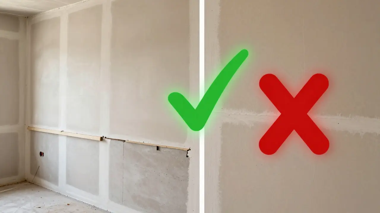 Vergleich: Fehlerhafte vs. perfekt installierte Schall- und Brandschutz-Trockenbauwand mit visuellen Kennzeichnungen.