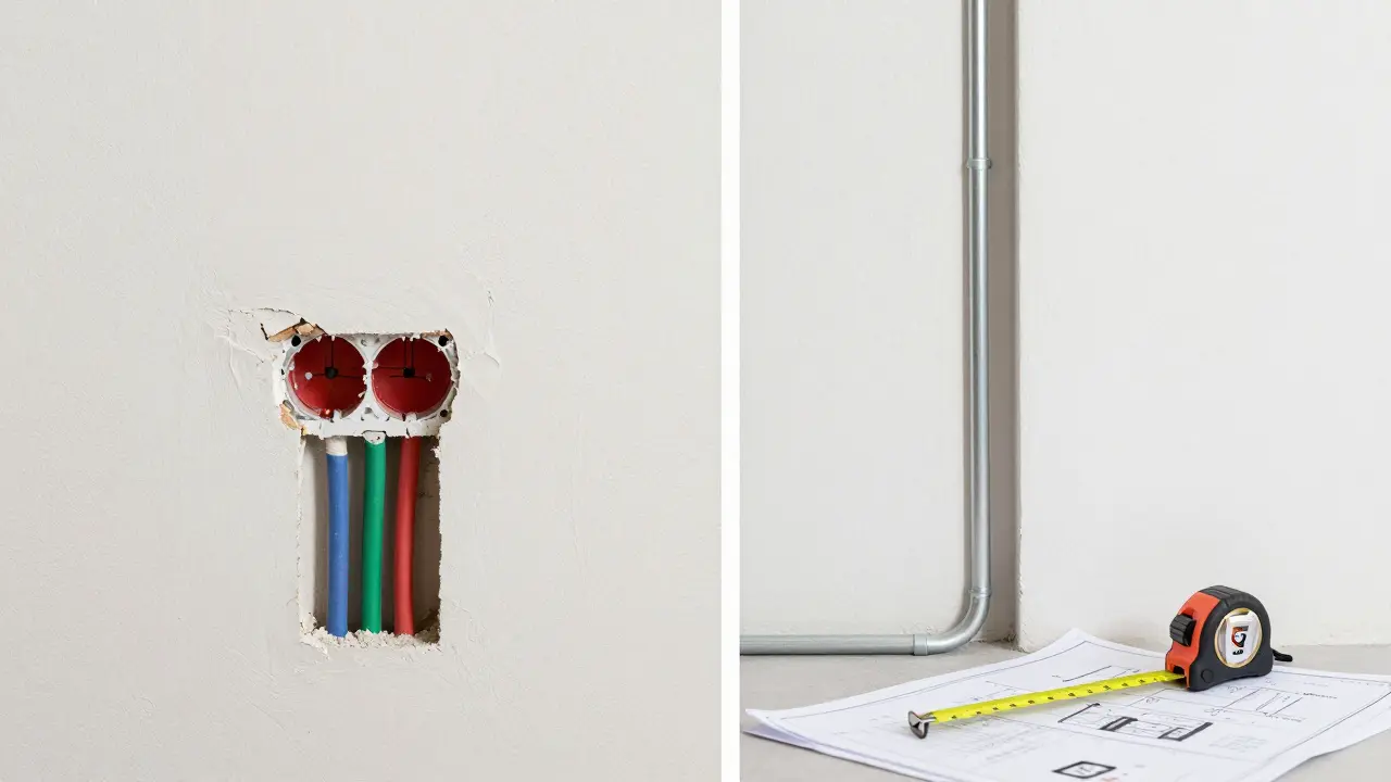 Vergleich von Unterputz- und Aufputz-Installation mit Werkzeugen und Kabeln.