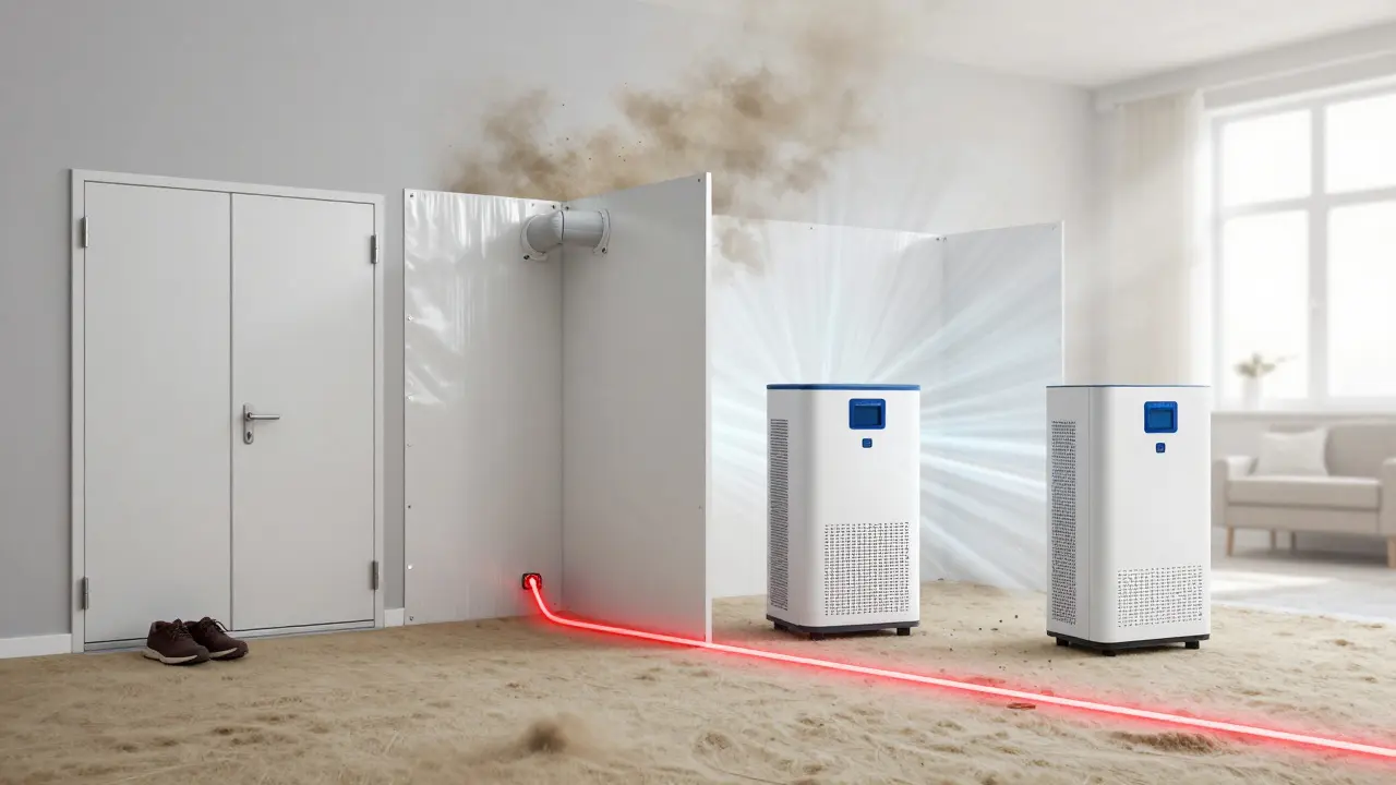 Vier Säulen des Staubschutzes: Schmutzschleuse, Folienwand, Luftreiniger und Abdeckvlies – symbolisch dargestellt als zusammenhängendes System.