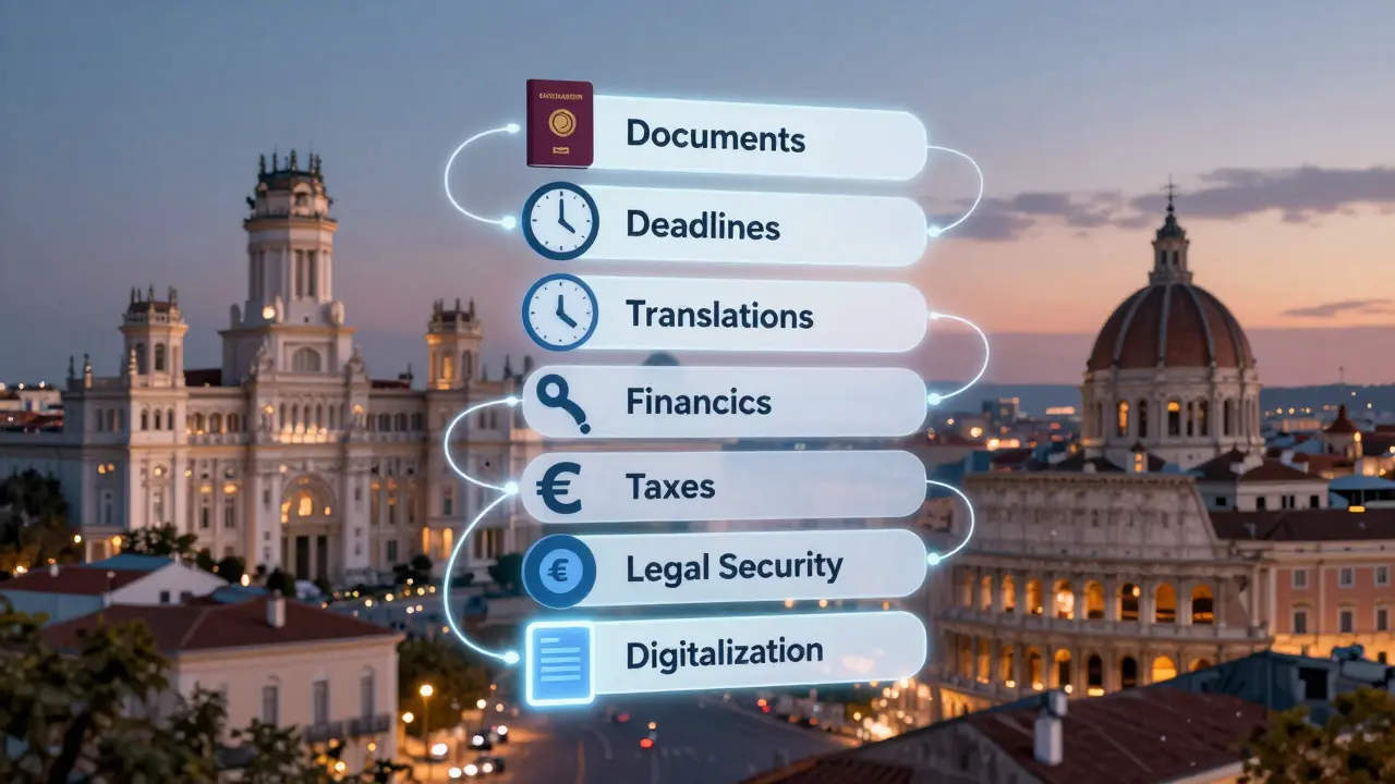 Visuelle Checkliste mit sieben Kategorien für Auslandsimmobilienkauf, verbunden durch leuchtende Linien.