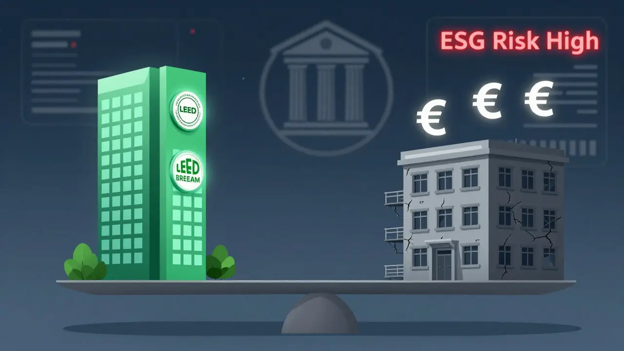 Waage, die ein zertifiziertes grünes Gebäude gegen ein veraltetes Bürogebäude abwägt, mit Finanz- und ESG-Symbolen.