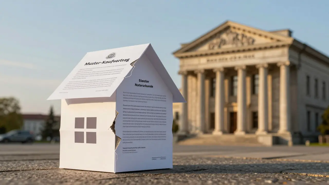 Zerbrechlicher Papierhausvertrag vs. stabiler Steinbau mit Notarurkunde im Hintergrund.