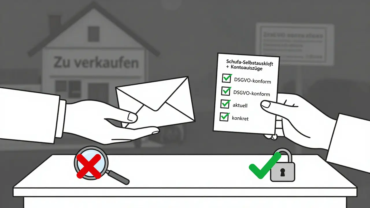 Zwei Hände tauschen DSGVO-konforme Unterlagen aus, während unzulässige Anfragen abgelehnt werden.