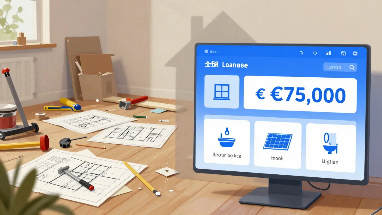 Auf der linken Seite eine chaotische Baustelle, auf der rechten Seite ein digitales Kredit-Dashboard mit Renovierungs-Icons – symbolisch für Flexibilität und Planung.