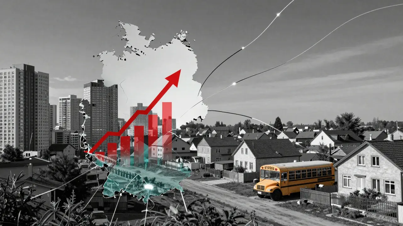 Deutschland als gespiegelte Landschaft: eine Seite mit überfüllten Städten, die andere mit verödeten Dörfern, verbunden durch einen schwachen Lichtfaden.