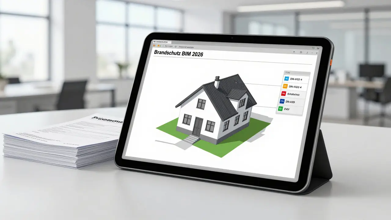 Digitaler BIM-Plan mit DIN-Norm-Markierungen in einem deutschen Behördenbüro.