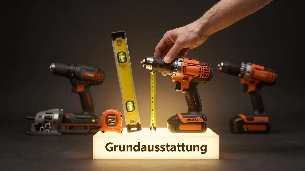 Drei essentielle Werkzeuge leuchten auf einem Podest, während überflüssige Werkzeuge im Schatten verschwinden.