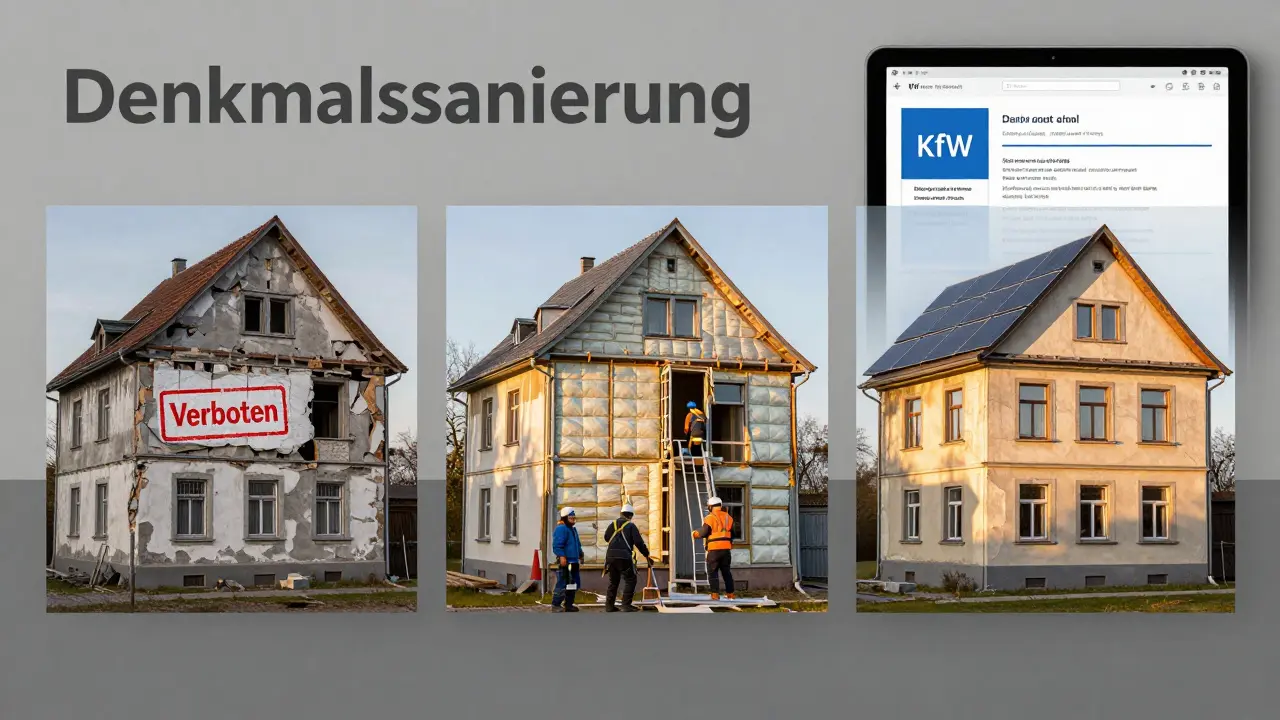 Drei Szenen zeigen den Wandel eines Denkmals: von Verfall über Sanierung bis hin zu moderner Energieeffizienz ohne optische Veränderung.