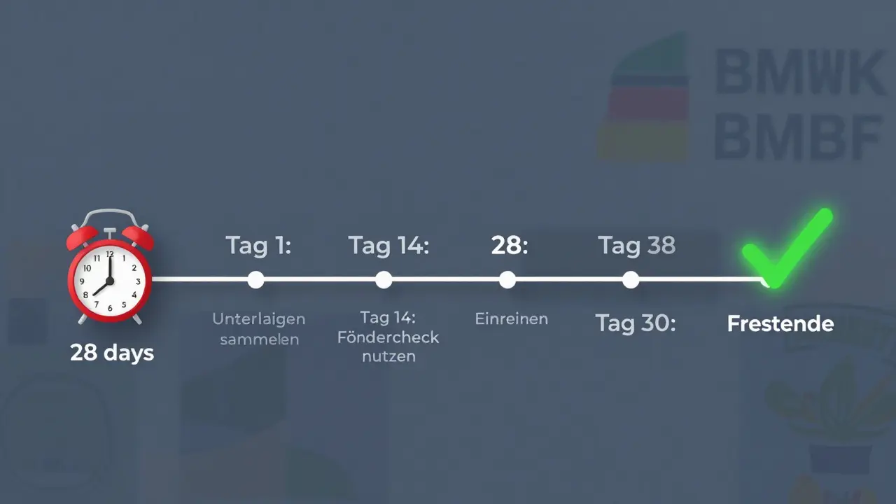 Ein digitaler Zeitplan mit Meilensteinen für die Einreichung eines Förderantrags, mit Warnung vor Fristende.
