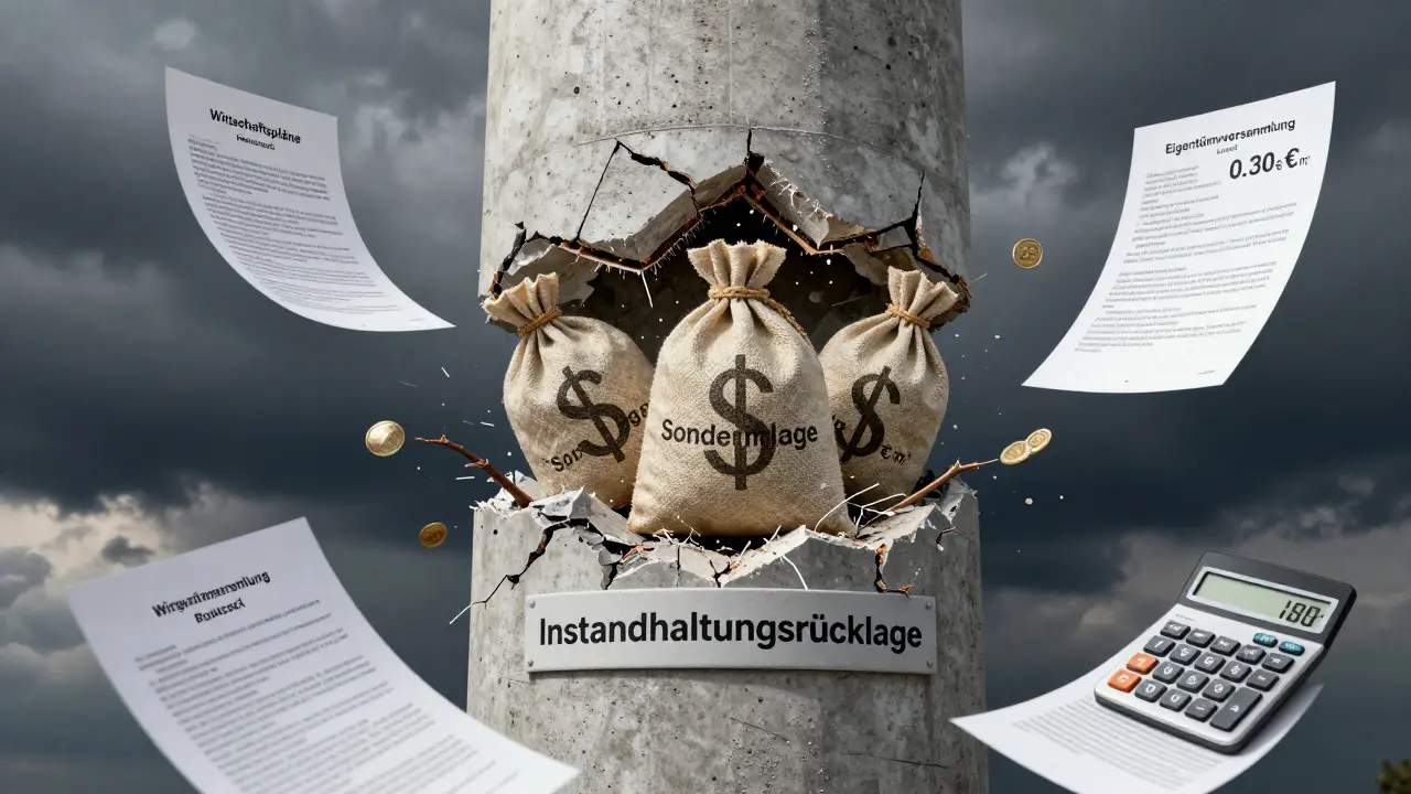Ein einstürzendes Schild mit der Aufschrift 'Instandhaltungsrücklage', aus dem Geldsäcke mit Sonderumlagen herausbrechen.
