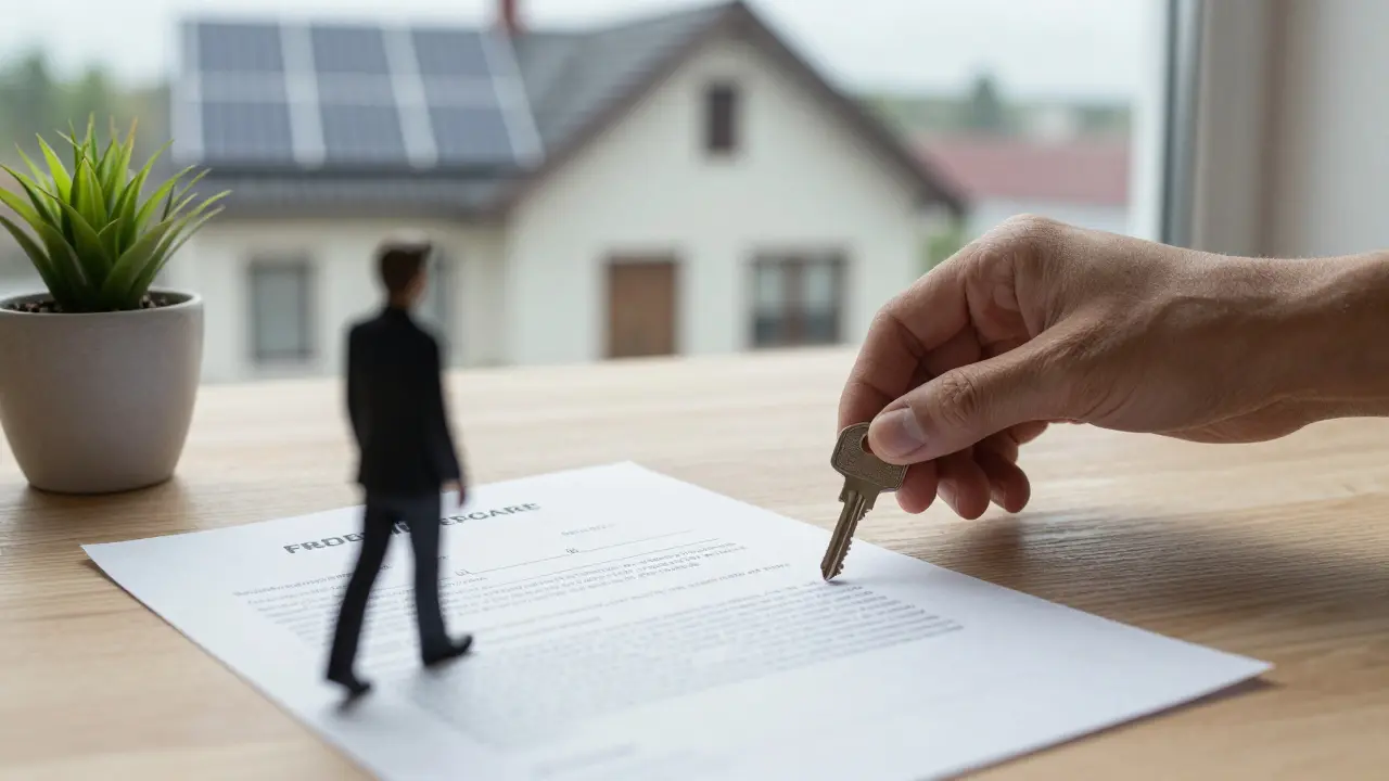 Ein Schlüssel auf einem Tisch neben einem Kreditvertrag und einer Pflanze, im Hintergrund ein saniertes Haus – Symbol für finanzielle Freiheit ohne Grundschuld.