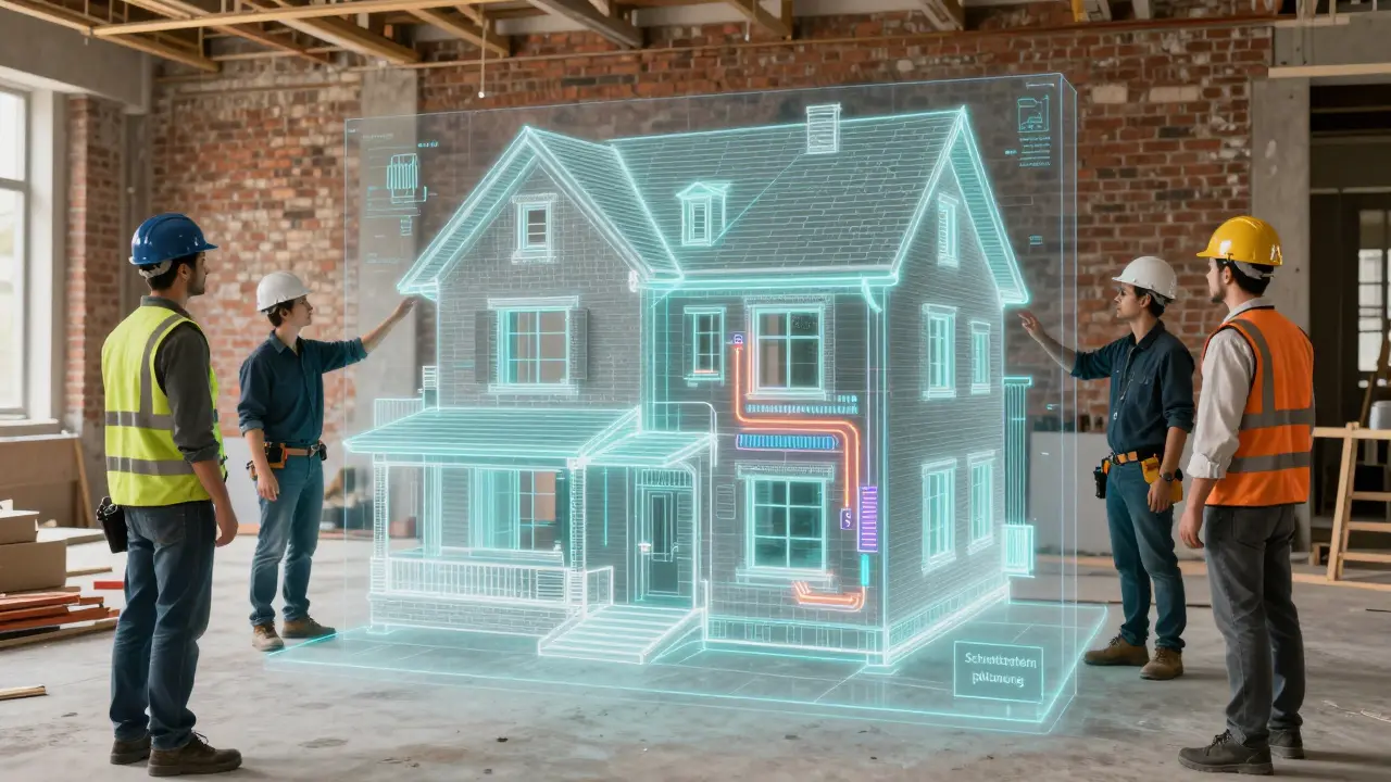 Ein Team arbeitet mit einem holografischen BIM-Modell, um Heizung, Elektro und Sanitär in einem Altbau abzustimmen.