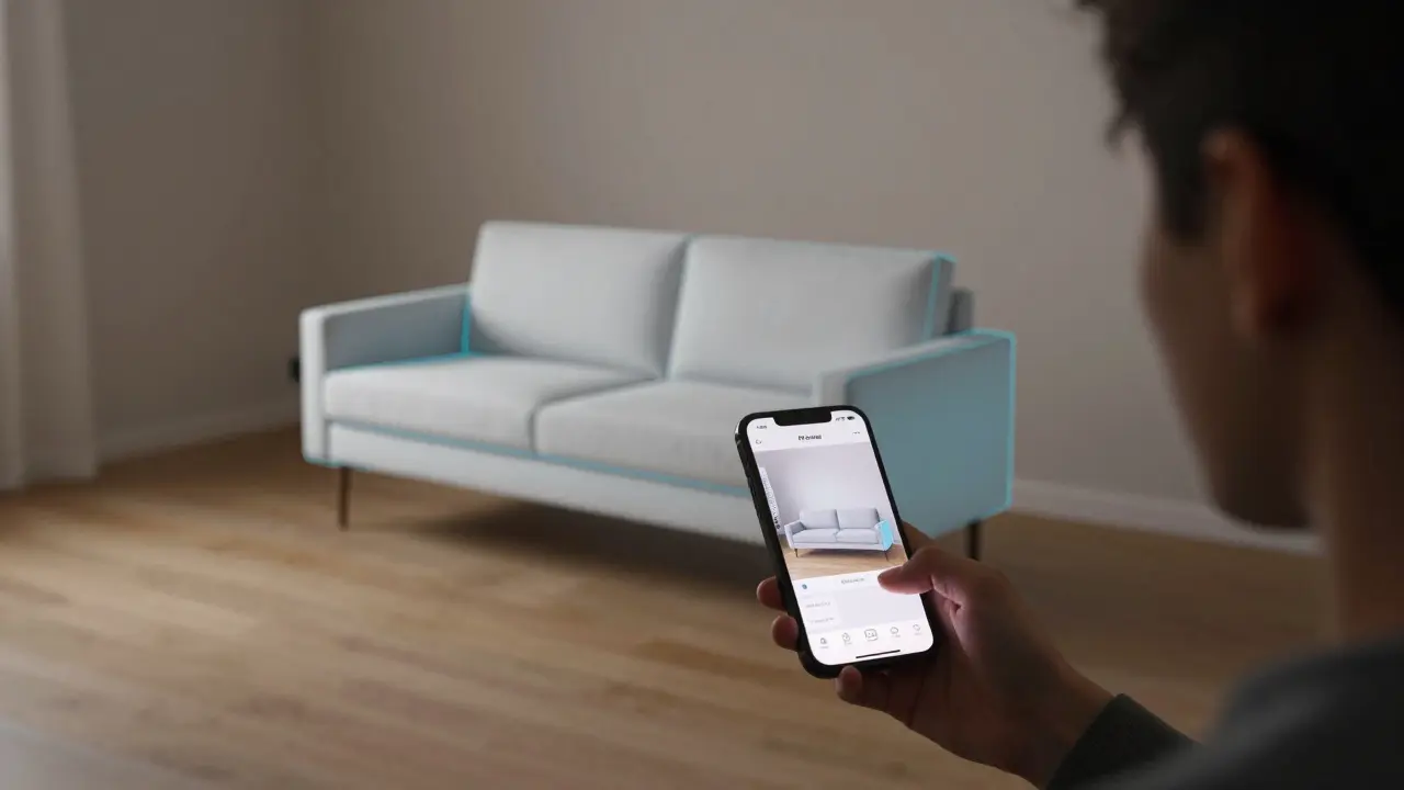 Eine Person nutzt eine AR-App auf ihrem Smartphone, um ein virtuelles Sofa in ihrem Wohnzimmer zu testen, während die echte Wand dahinter leer ist.
