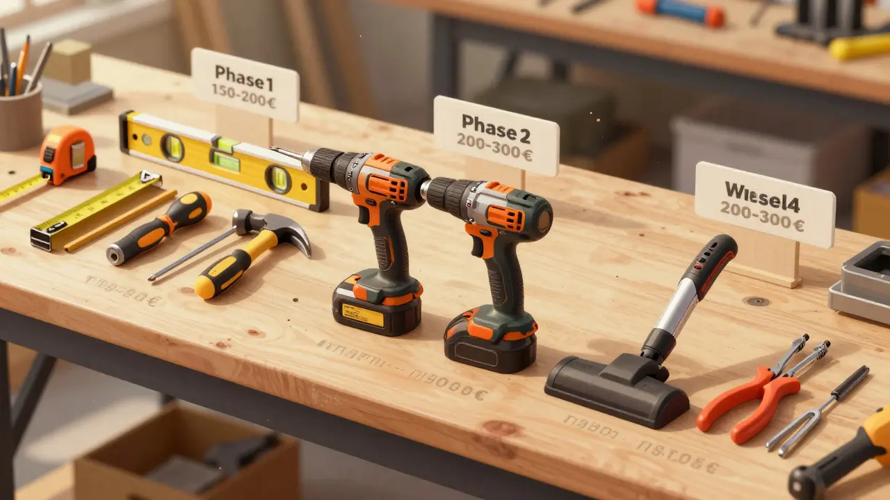 Eine Werkzeugbank ist in drei Phasen mit grundlegenden Werkzeugen und Elektrowerkzeugen organisiert.